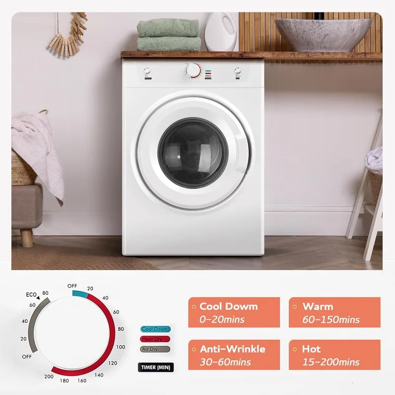 Dryer, 3.5 Cu. Ft. 1500W Clothes Dryer, Stainless Steel Tumble Dryer with Exhaust Hose for Home, Apartment, Dorm, White