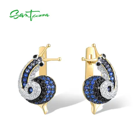SANTUZZA Pure 925 Sterling Silver Earrings For Women Sparkling Blue Black Spinel Lovely Snail Latch Back Chic Gifts Fine Jewelry