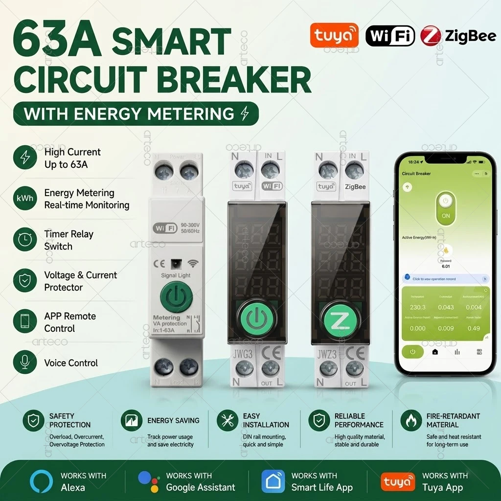 TUYA WiFi ZigBee Smart Circuit Breaker With Energy Metering 1P 63A Timer Relay Module Voltage Protection Remote Control Switch