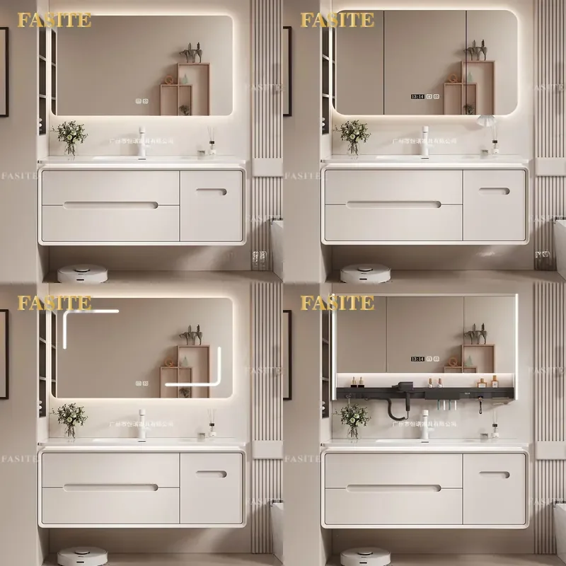 For Light Luxury Cream Style Bathroom Cabinet with Ceramic Integrated Basin and Smart Mirror Modern Vanity Unit Space Saving