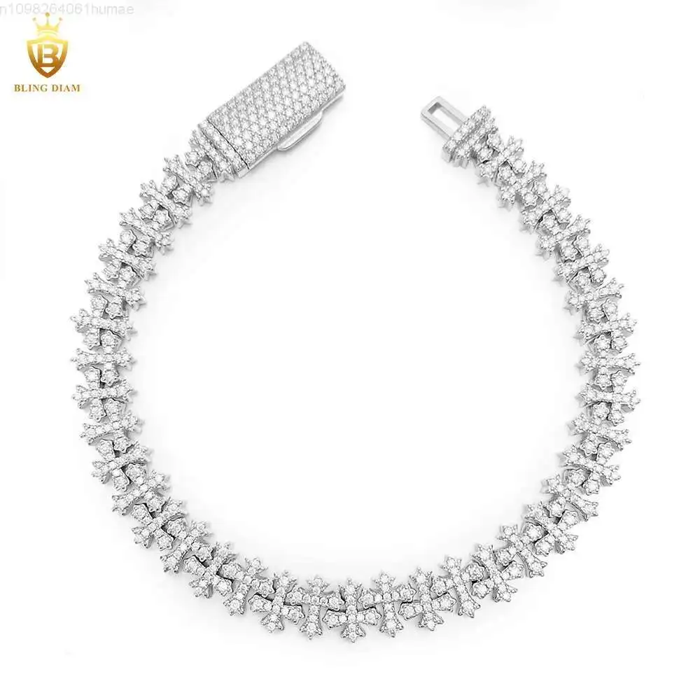8.5mm Hip Hop Cuban Link Chains 925 Sterling Silver VVS Moissanite Iced Out Diamond Cross Bracelet Necklace