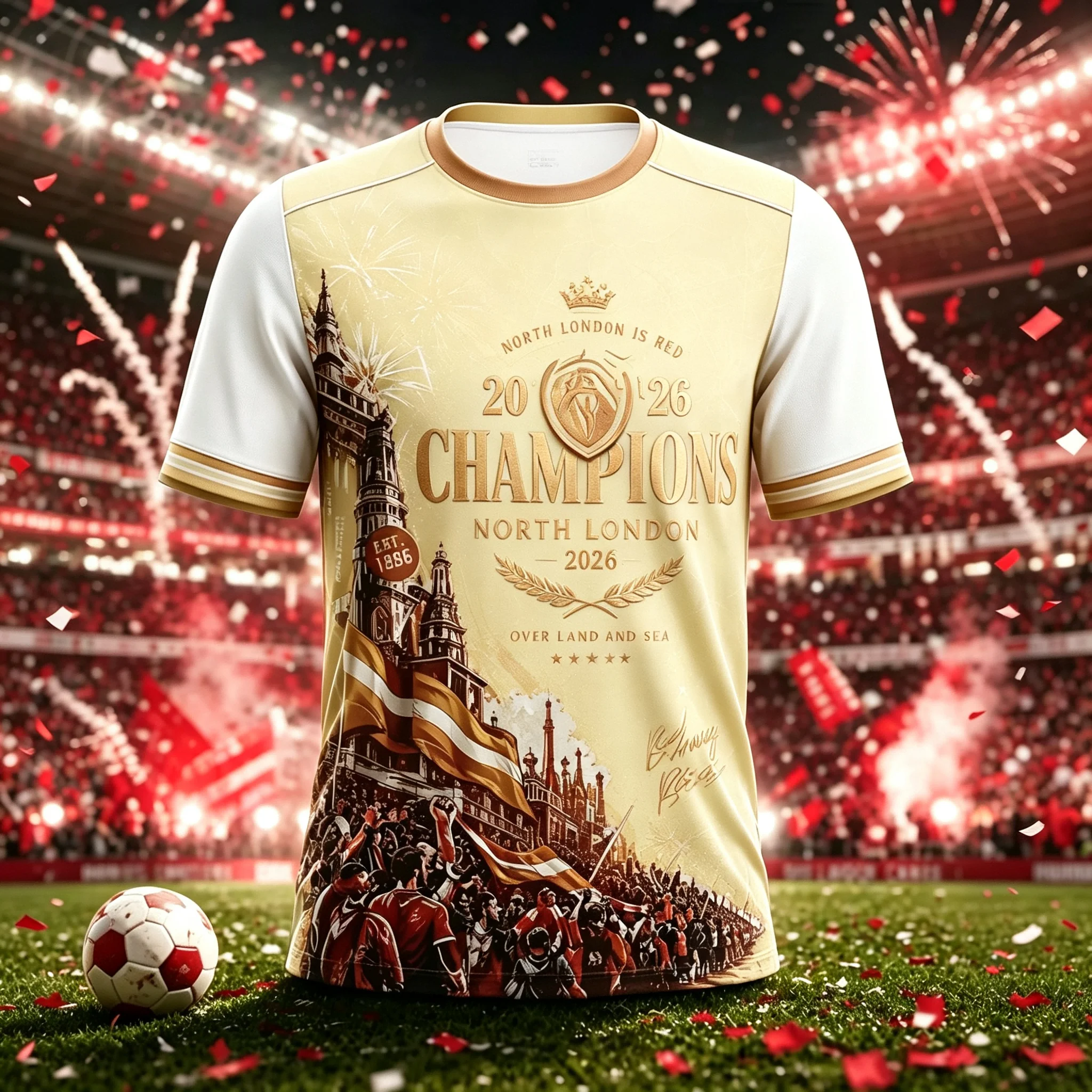 North London Is Red Champions Fan Jersey, Retro Building & Fans Cheering Print, Casual Sports Tee, Multiple Colors