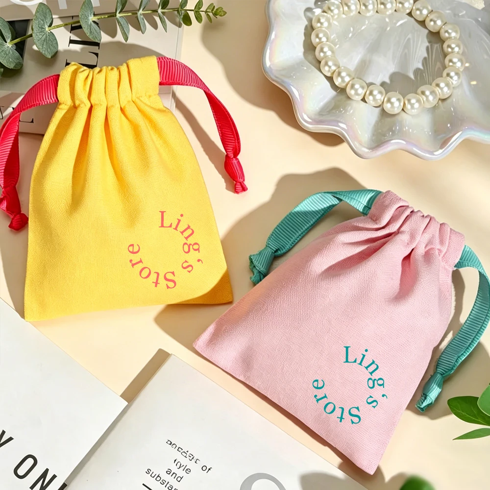 

50pcs Custom Logo Colorful Jewelry Cotton Drawstring Bag Wedding Favors Gift Candy Packing Keychain Ring Muslin Organizer Pouch