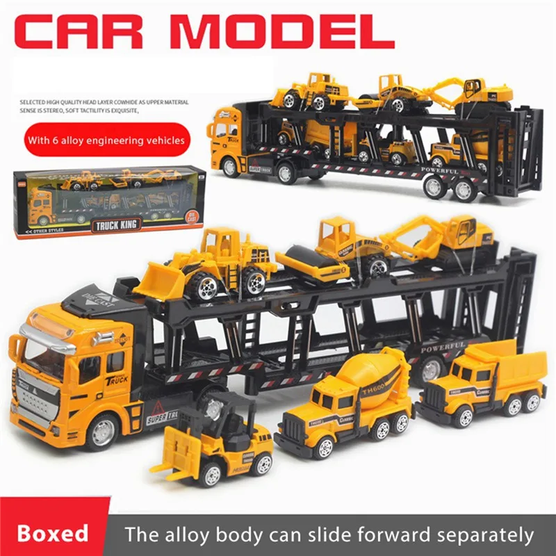 Big Container Transporter Playset With Play Mat & 6pcs Mini Engineering Vehicle Car Model Toys For Kids Boys Gifts