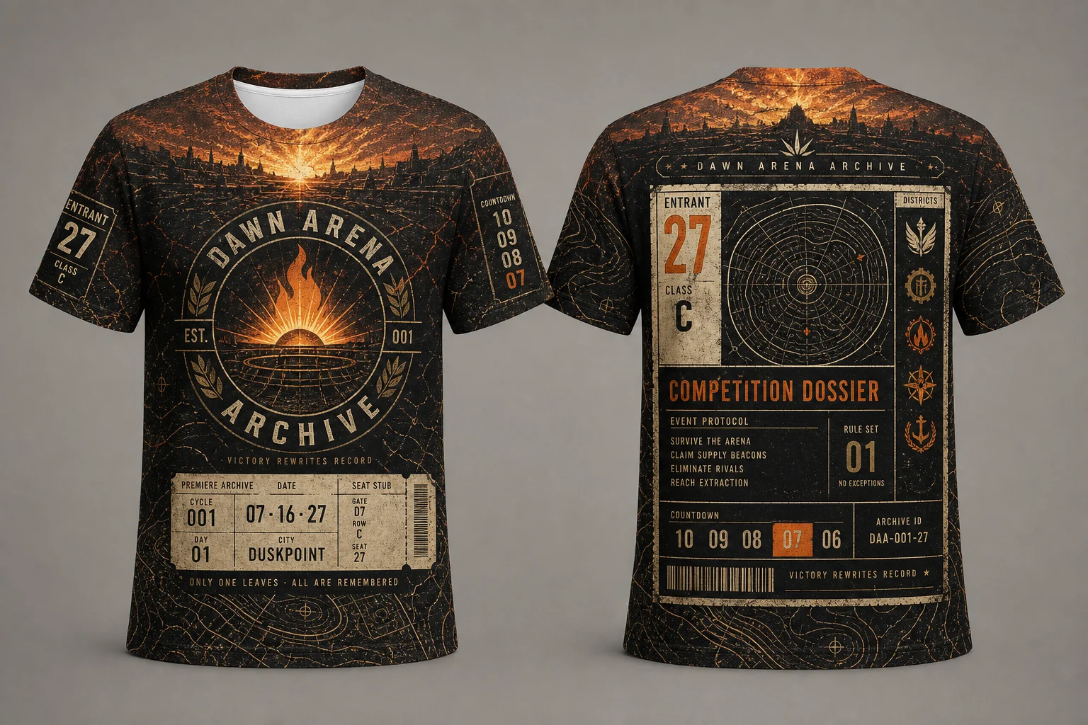 Sunrise Arena Archive T‑Shirt, Post‑Apocalyptic Contestant Dossier Full‑Print Tee, Retro Vintage Graphic Unisex Short Sleeve Top