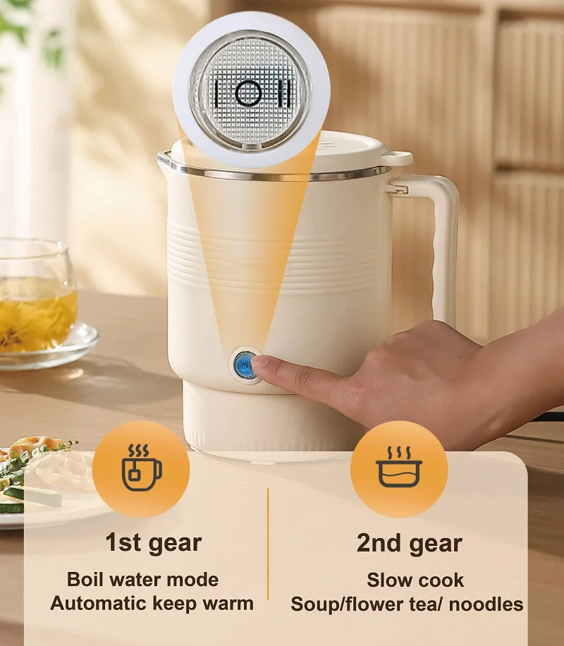 800ml Mini Electric Kettle Folding Electric Boiled Pot 2 Gear Noodle Pot 304 Stainless Steel Teapot Multifunction Kettle 600W