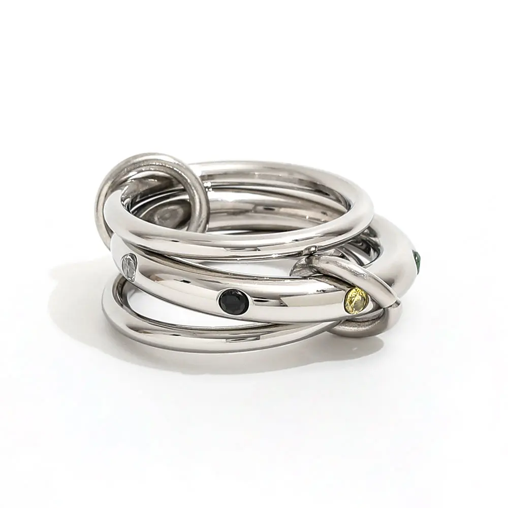

Joolim Jewelry High End PVD Wholesale Waterproof&No Fade Designer Fashion Three Circle Colorful Zirconia Pave Ring for Women