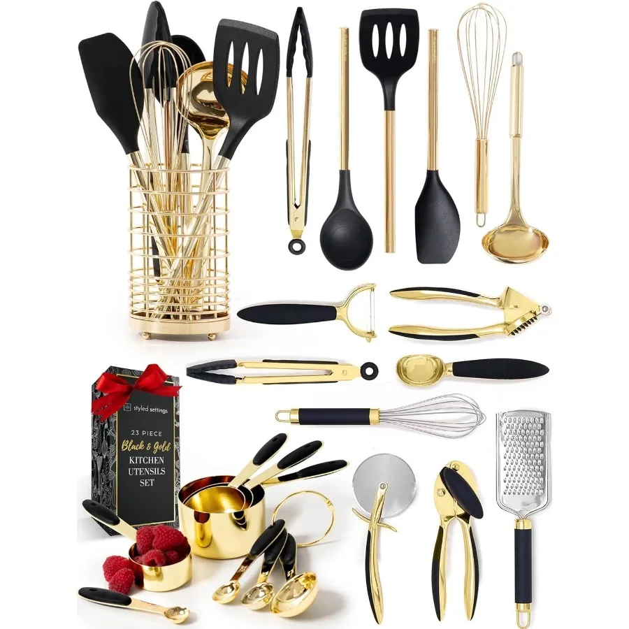 

Black and Gold Kitchen Utensils Set 23Piece Luxury Kitchen Accessories Includes Gold Measuring Cups Spoons Silicone Cooking Ute