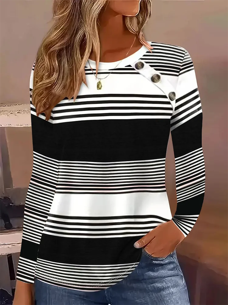 5 Colors Striped Long Sleeved Round Neck Button T-Shirt Women's Casual Pullover Autumn Trendy Top