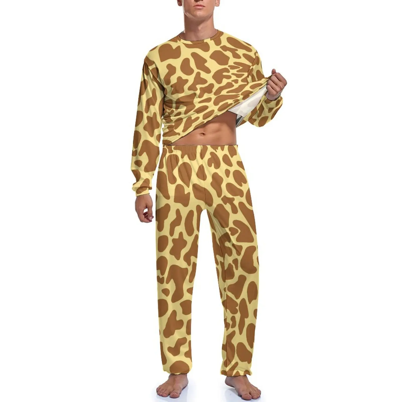 Pyjama mit Giraffen-Tiermuster, langärmelig, brauner Fleck, 2-teilig, Freizeit-Pyjama-Set, Herbst-Herren-Grafik, Kawaii-Nachtwäsche