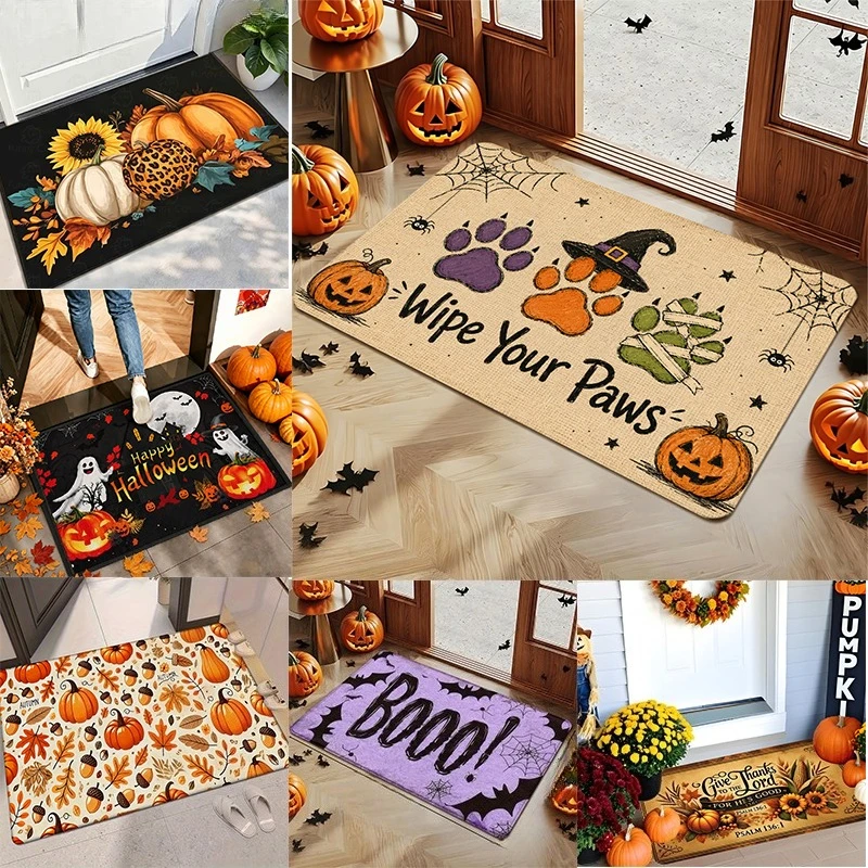 Halloween Fall Harvest Rectangular Carpet Ghost Pumpkin Spider Web Paw Print Holiday Graphic Design Area Rug for Porch Home Rug