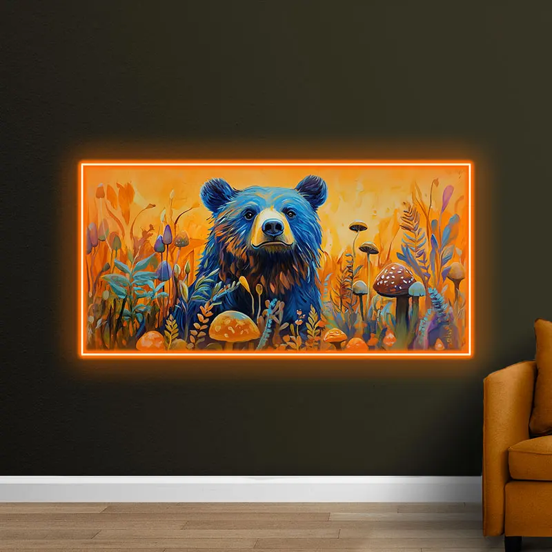 Toysign Colorful Bear Neon Wall Art – Vibrant Forest LED Sign with Mushroom Scene, Whimsical Animal Decor for Kids Room, Nursery