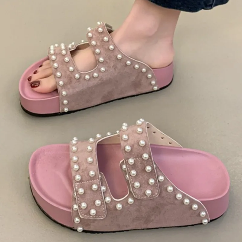 

Pearl rivet Women's Thick Bottom Adhesive Tape Slippers women's slippers Women's Buckle Slip-on Open Toe Beach Slippers