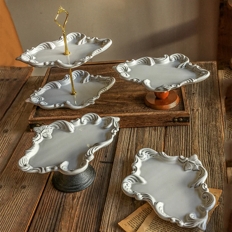 Vintage wooden high-stemmed fruit snack tray for living room coffee table, entryway ornament, ceramic snack tray