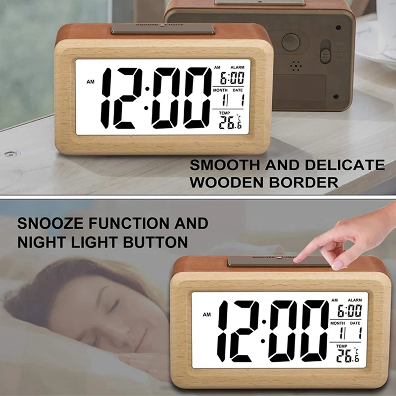 2X Wooden Large LED Digital Alarm Clock, Smart Sensor Night Light With Snooze, Date, Temperature, 12/24Hr Switchable