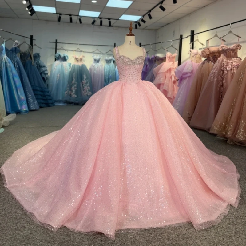 

Pink Shiny Ball Gown Quinceanera Dresses 2026 Beading Crystal Tull Off Shoulder Sweet 16 Dress Years Vestidos 15 De Anos
