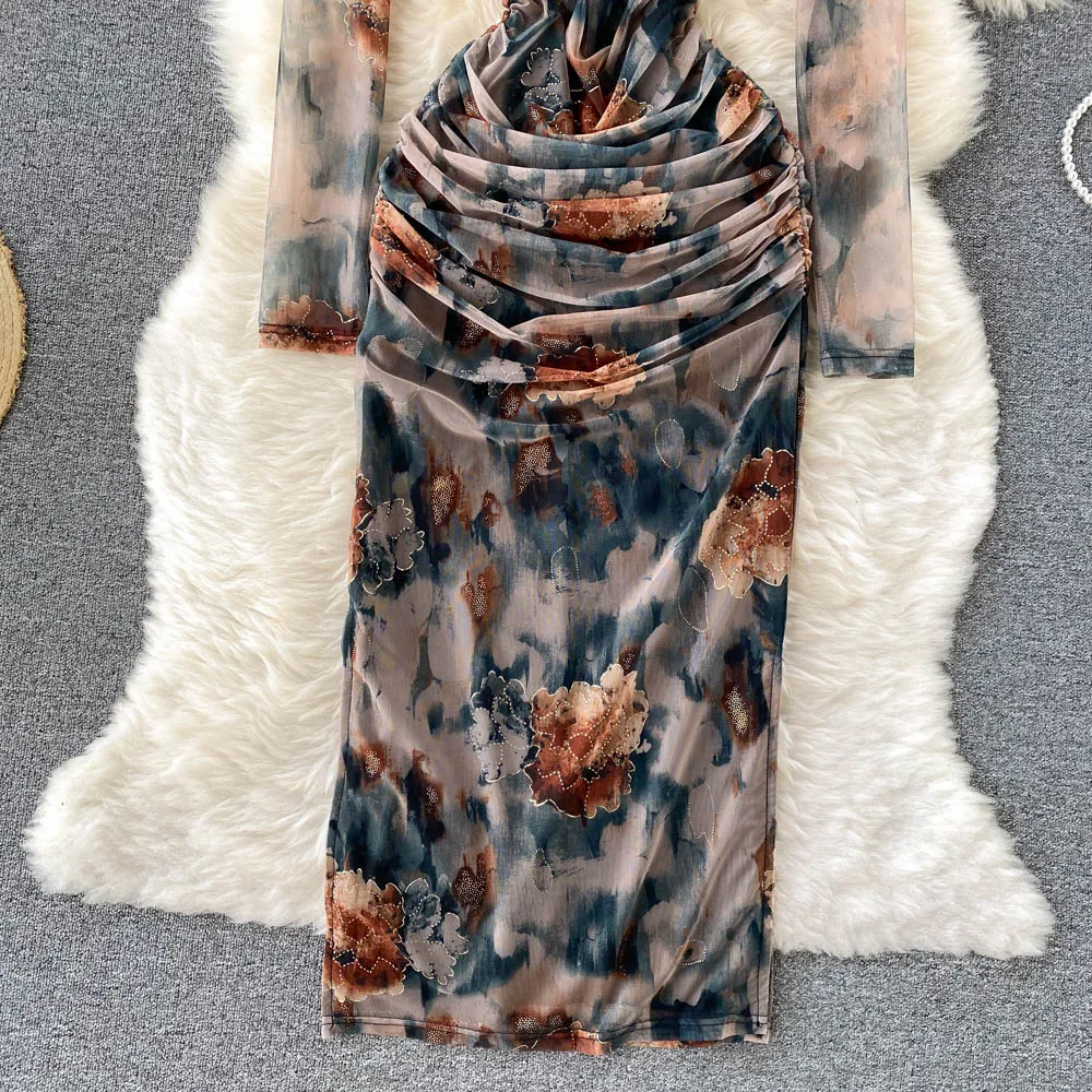 ชุดยาวผู้หญิงดอกไม้พิมพ์ชุดเดรสแยกพับสแควร์ SLIM FIT ตาข่าย Maxi ชุดหญิง VINTAGE Vestidos 2025