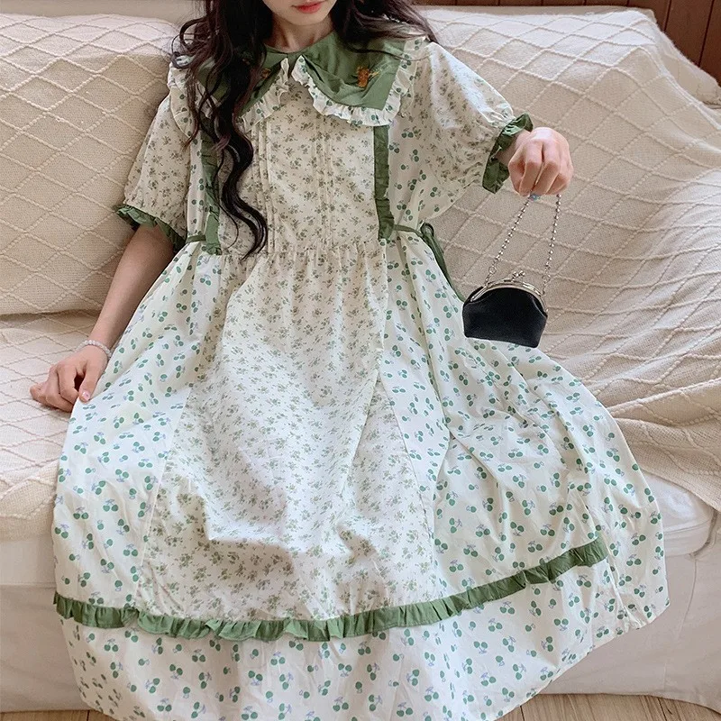 

Japanese and Korean Sweet Girl Green Shivering Contrast Color French Dress Mori Collar Pastoral Style Midi Summer
