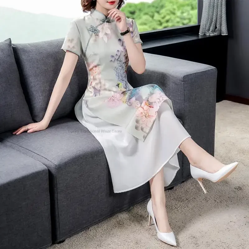 

Vietnam Traditional Style Ao Dai Vintage Floral Chiffon Cheongsam Short Sleeve Retro Chinese Qipao Wedding Evening Dress P1