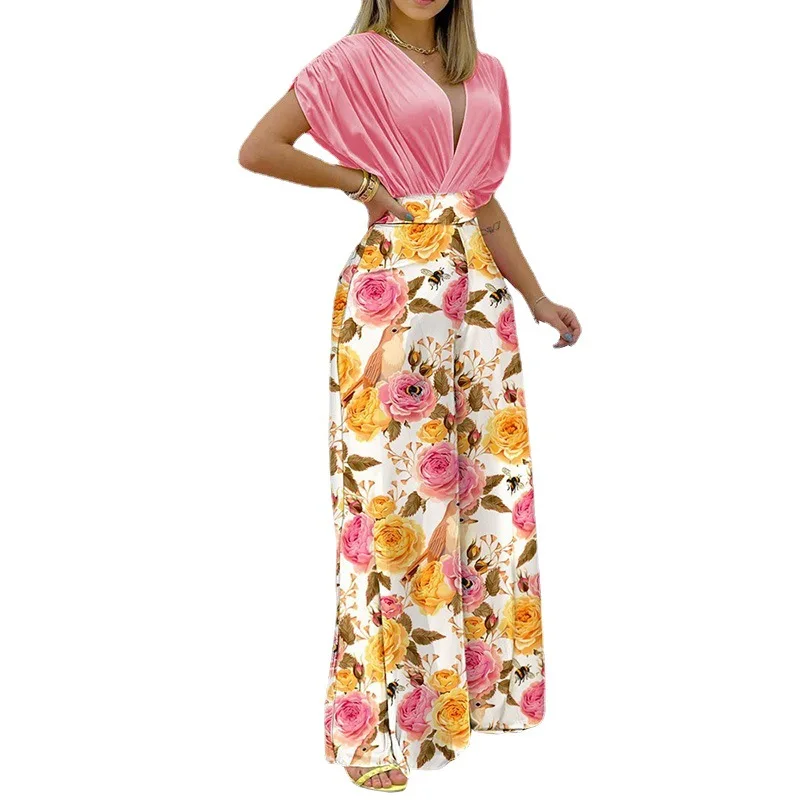 Women's Clothing 2022 Summer New Style Temperament V-neck Printed Wide Leg Pants Casual High Waist Loose Jumpsuit Large Size