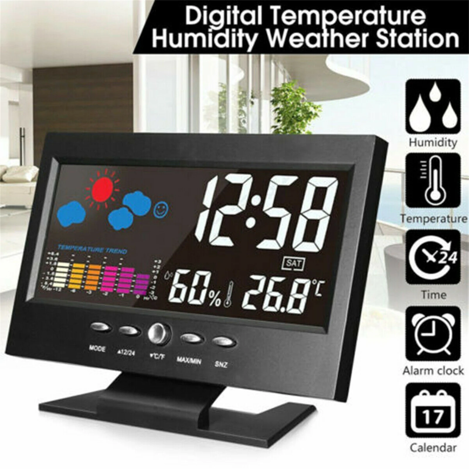 

5-in-1 Led Digital Alarm Clock Calendar Weather Display Thermometer Humidity Monitor With Snooze Functions