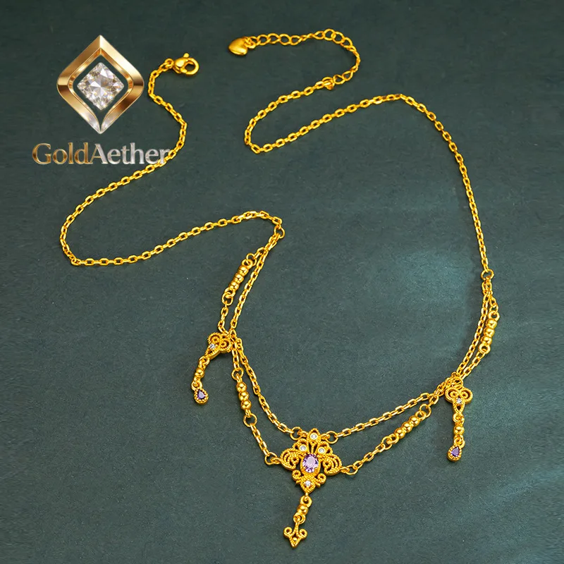 

GoldNouveau Luxury 24K 9999 Pure Gold real gold Twilight Mountain Purple Kite Set Chain Women's Bracelet Ring Necklace