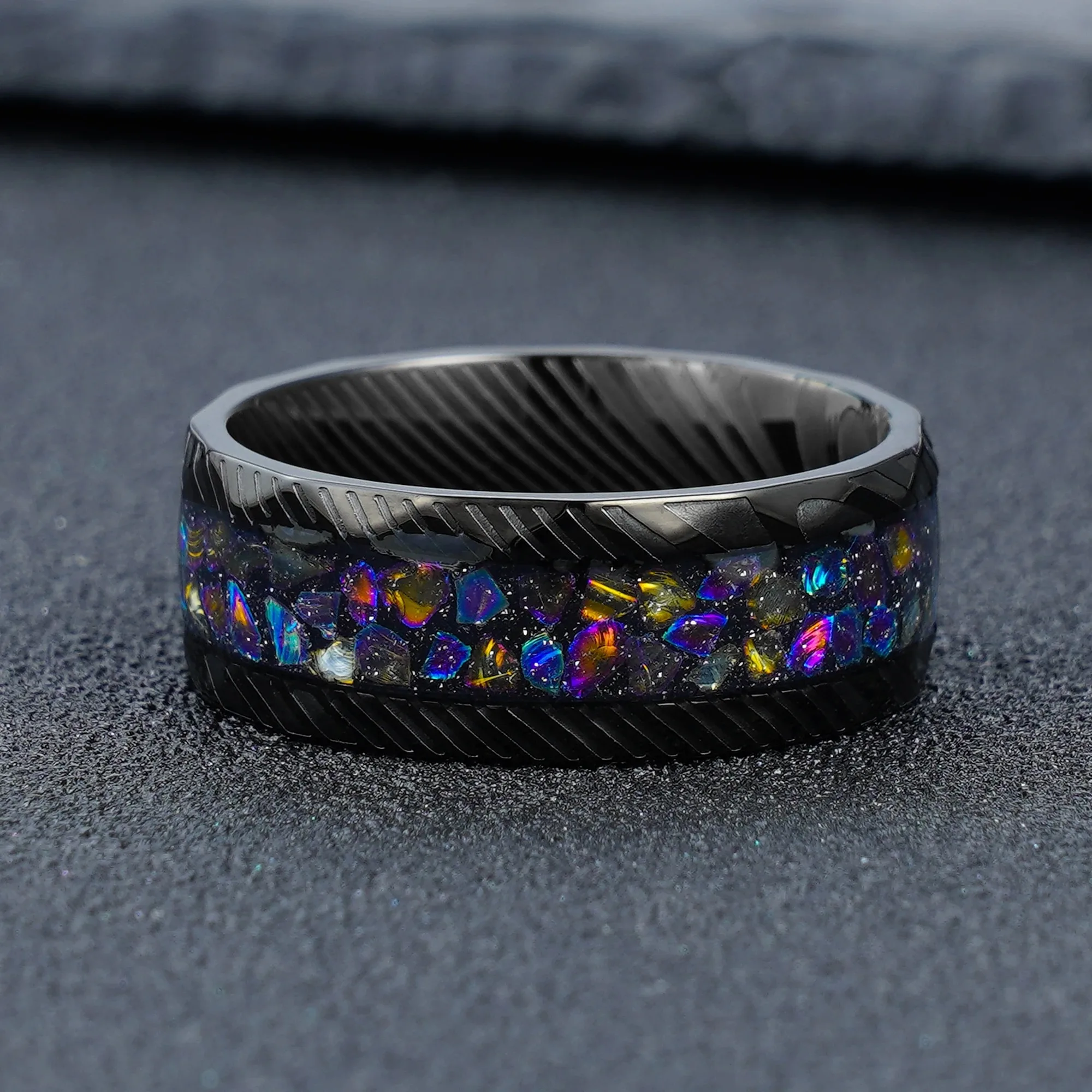 Personalized 8mm Width Black Men's Damascus Steel Rings for Wedding Inlay Galaxy Series Created-Opal Size 7-12 Comfort Fit