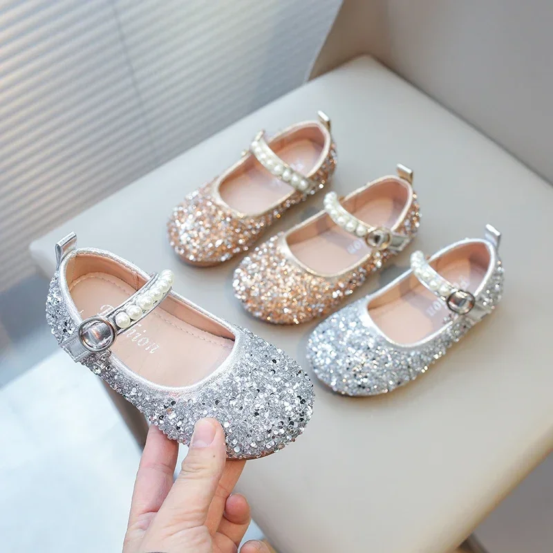 Girls Glitter Shoes for Wedding Party Fashion Princess Sequins Rhinestone Bling Flats Kids Mary Janes Sweet Soft Crystal Shoes