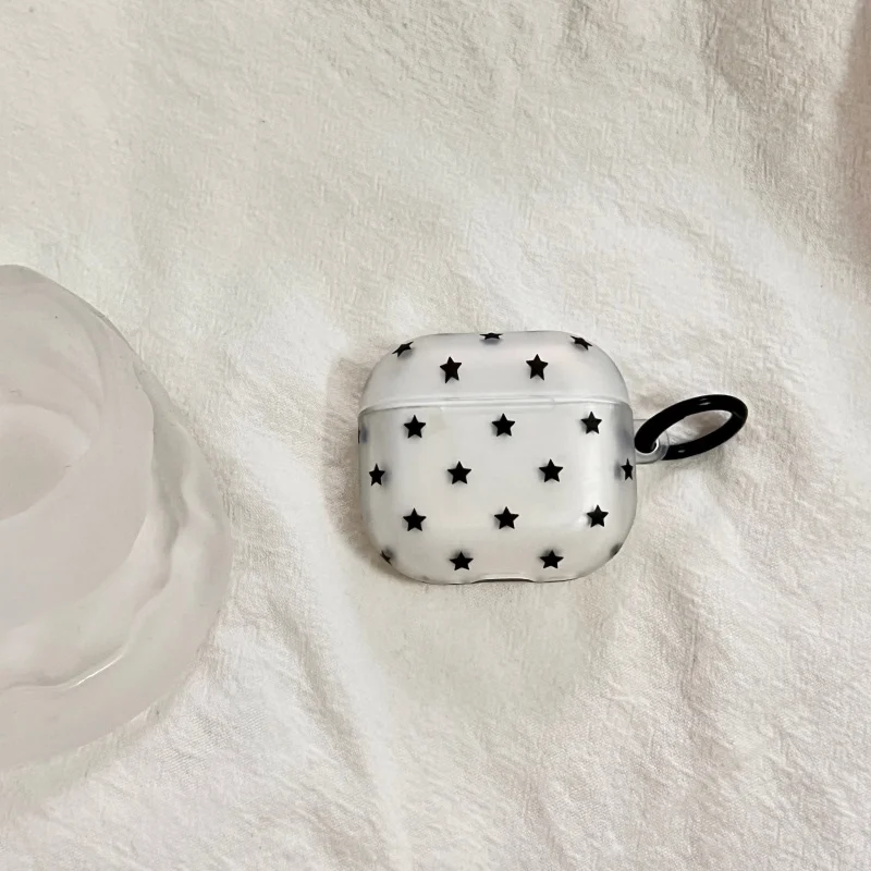 White Matte Black Stars Pattern Earphone Cover Case with Lanyard Keyring For Airpods Pro, Pro2, Pro3, 1, 2, 3, 4, Anti-fall