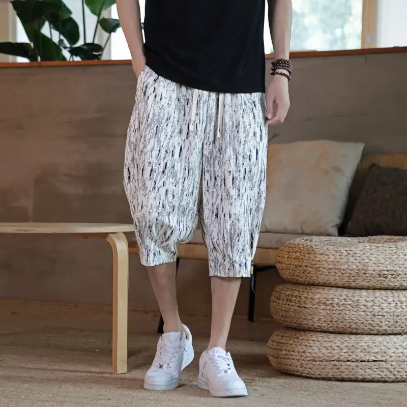 

Летние тонкие повседневные укороченные брюки, китайские тонкие свободные брюки средней длины, индивидуальные пляжные брюки с принтом, модные внешние шорты