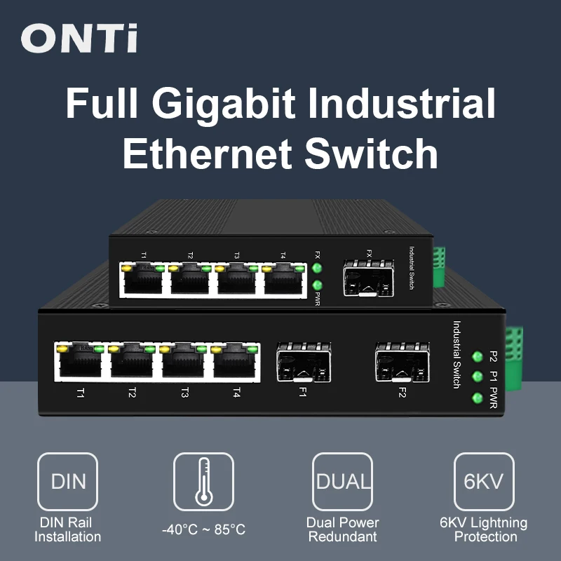 ONTi-مفتاح ألياف جيجابت صناعي، محول إيثرنت SFP 10 / 100 ميجابت في الثانية، 4GE + 1(2)SFP -40 إلى 85 ° C DIN-Rail IP40 6KV، منفذ 5/6