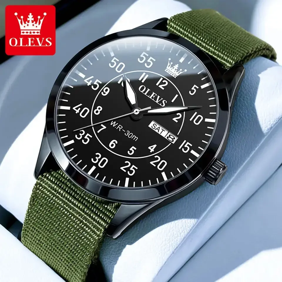 

OLEVS Quartz Watch for Men Original Army Green Nylon Strap Waterproof Lumious Dual Calendar Sport Fashion Style Men's Wristwatch