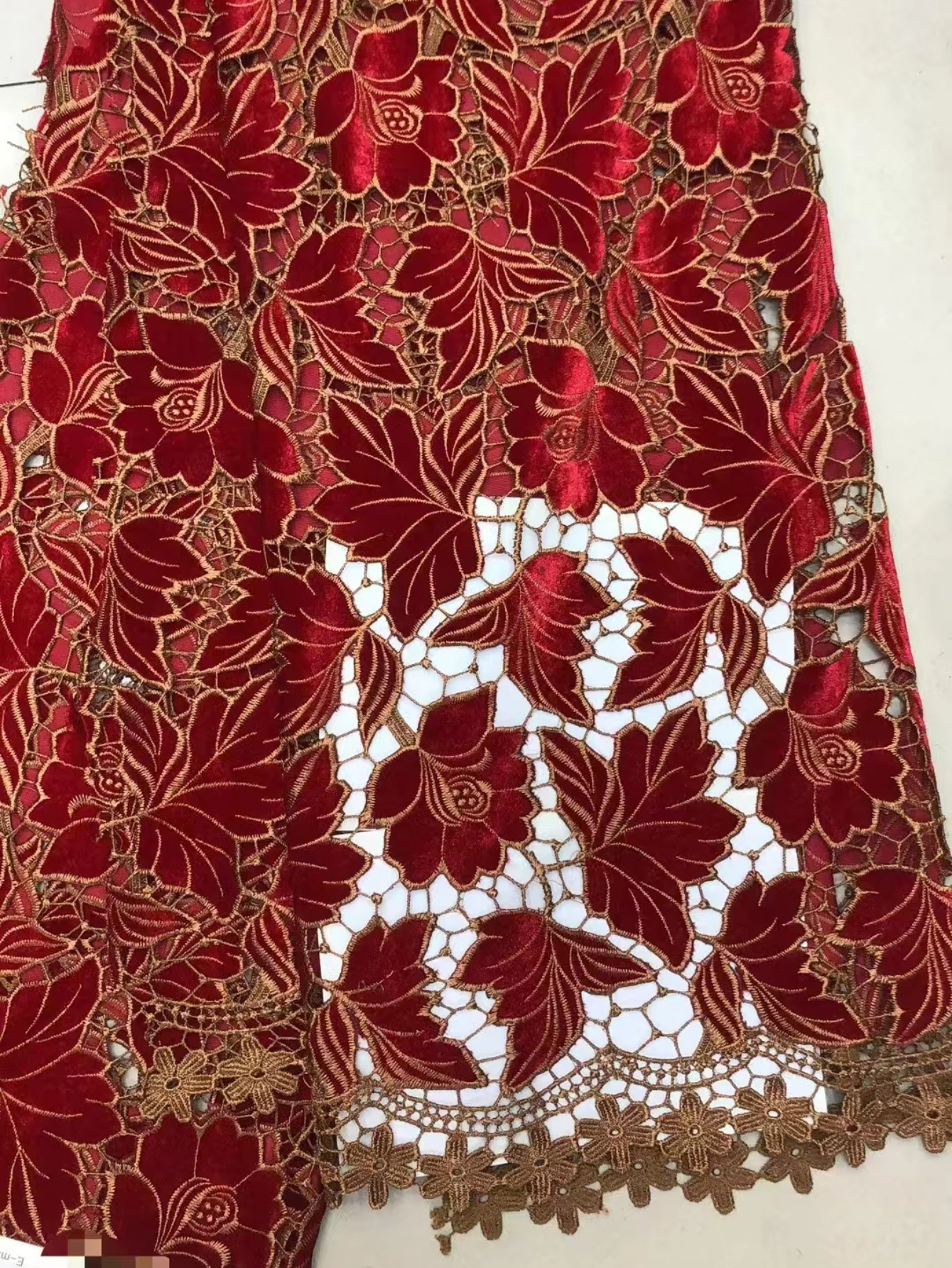 Red  Floral Leeves Velvet Lace Black Laser Cutting Embroidered Milk Silk Fabric For Women Wedding Dress Clothing Decration 5y