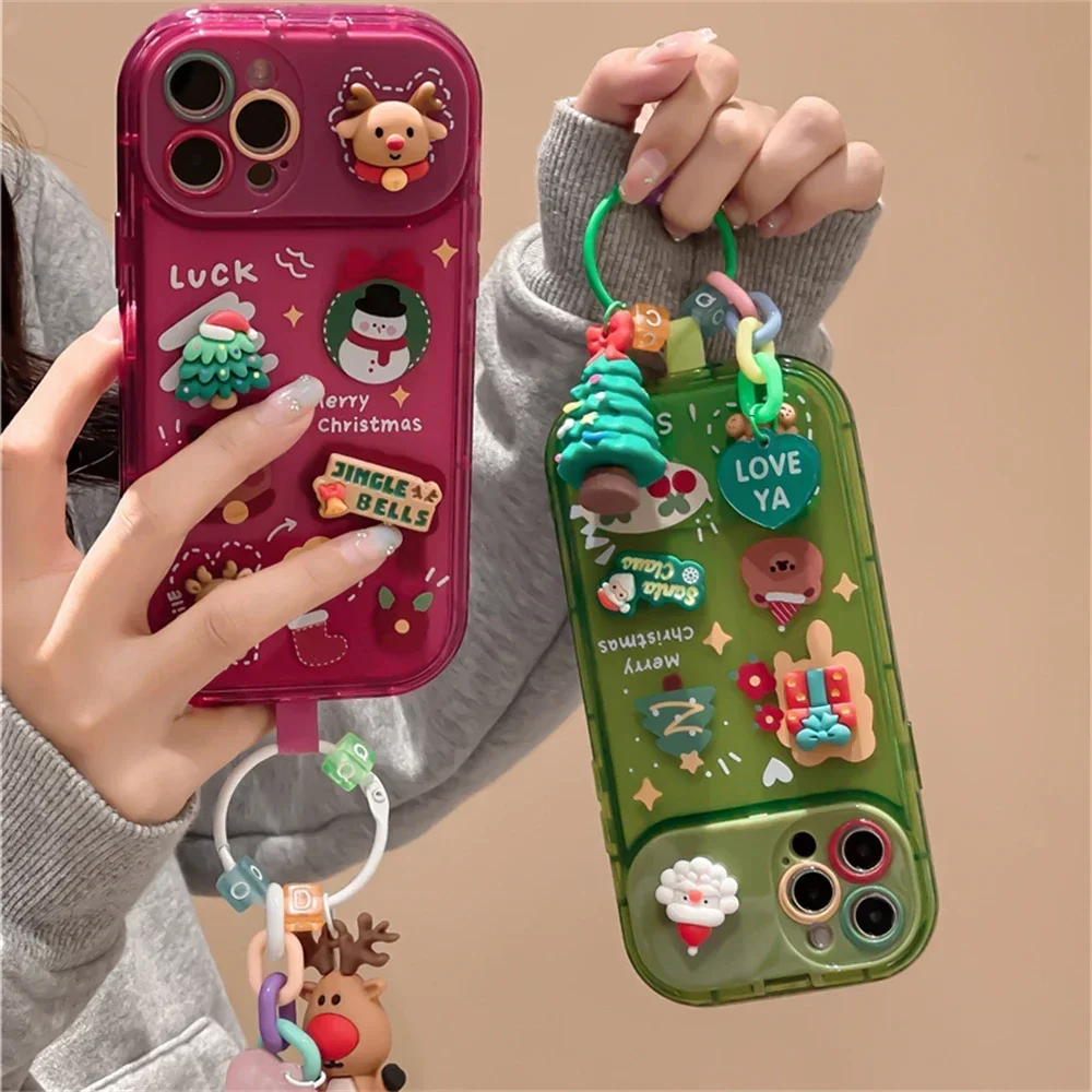 Lovely Christmas Cartoon Moose Pendant Case for iPhone 16 15 14 13 12 11 Pro Max XR Santa Claus Keychain Soft Shock Resistant