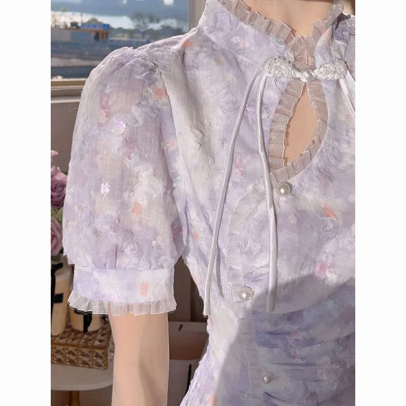 

French Court Style Improved Cheongsam Chinese Traditional Dress Women's 2023 Summer Elegant and Sweet Floral Dress