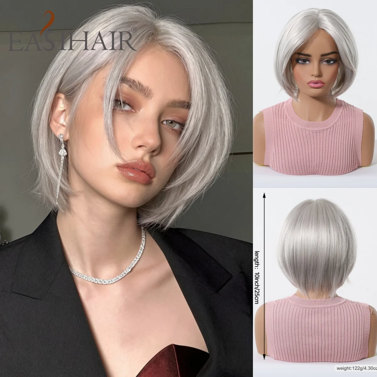 Short Silver Grey Bob Wig Straight Edgy Y2K Synthetic Hair for Women Cosplay Party Daily Hairpiece Halloween Costume Use