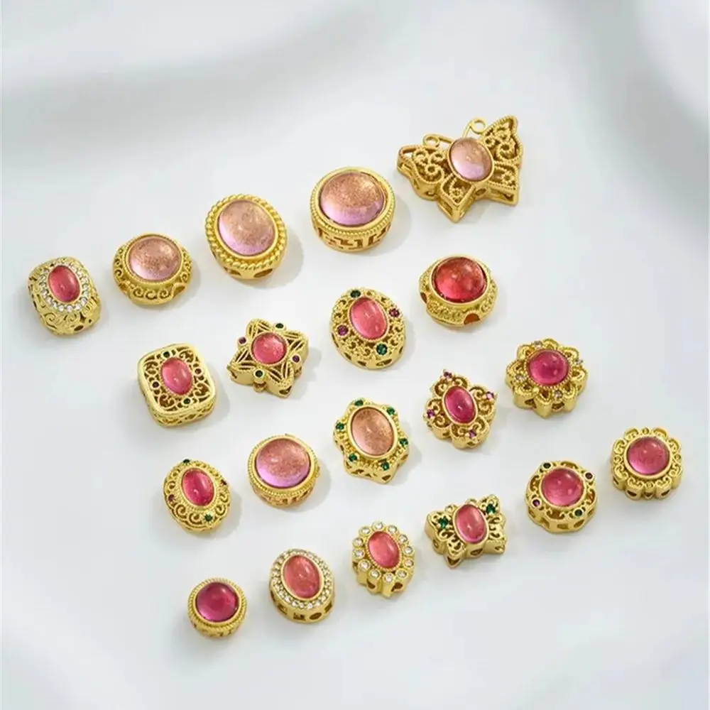Copper 18K Matte Gold Plated Inlaid Imitation Natural Crystal Cat Eye Starry Pink Multi-Hole Beads DIY Jewelry Accessories