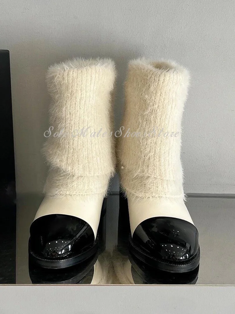 Botas modernas con costuras de punto blanco para mujer, botas coreanas de tacón alto grueso de cuero genuino, botas de nieve cómodas y cálidas a media pantorrilla