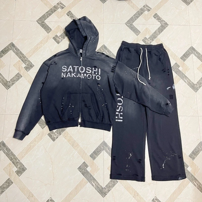 Satoshi Tracksuit Set Washed Black Distressed Hole Paint Splatter Hoodie Wide Leg Sweatpants 2 Piece Streetwear For Men Women