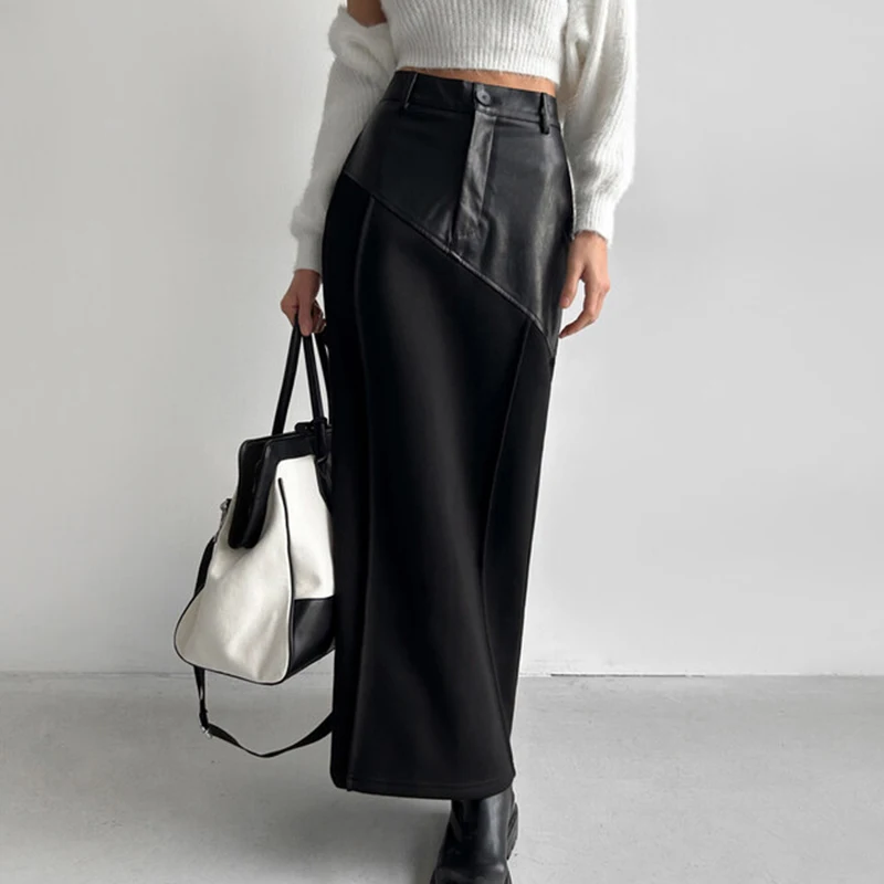 

Black Patchwork Leather Long Skirt Women High Waist Elegant Back Split Pocket Skirts Luxury Designer Clothes Fashion Saias Mujer
