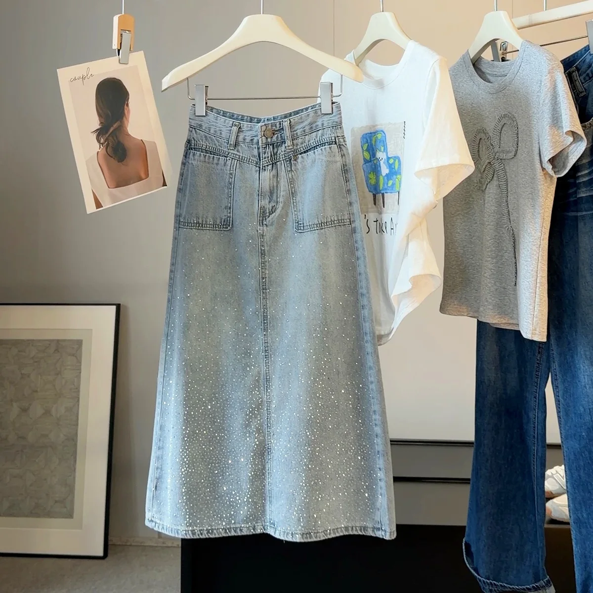 Seoulish Light Blue Midi Denim Skirt Women 2026 New Summer Rhinestone High Waist Slim A Line Skirt Ladies Mid Long Jean Skirt