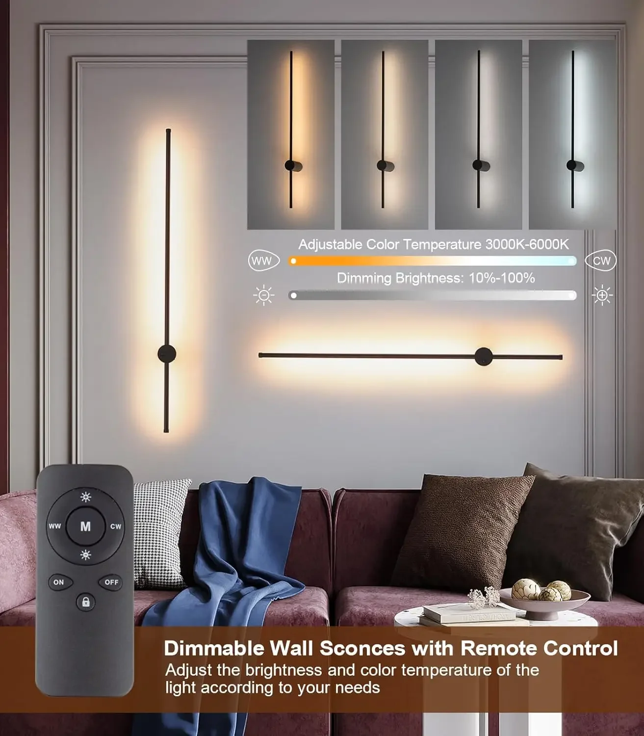 Sconces Set of Two Battery Operated, USB Rechargeable Wall Lights Indoor, Dimmable Wall Lamp with Remote Control, 360°