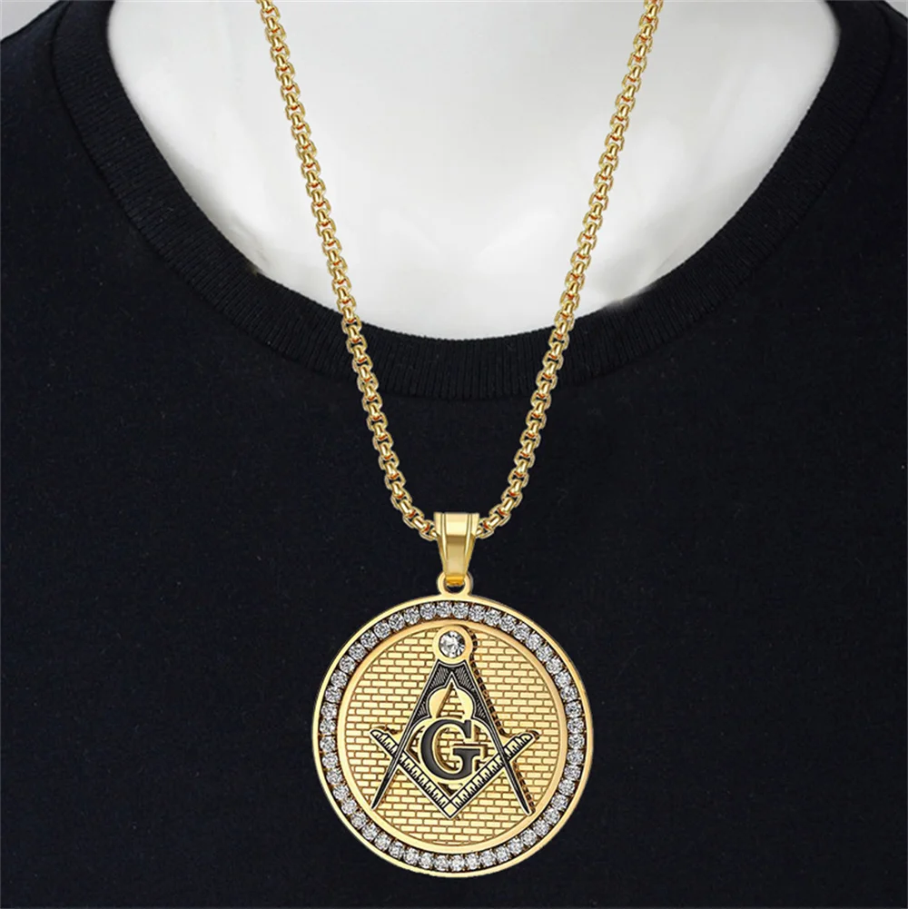 Hip Hop Iced Out Bling Masonic Symbol Pendant Male Gold Color Stainless Steel Mason Round Necklace for Men Fashion Jewelry Gift