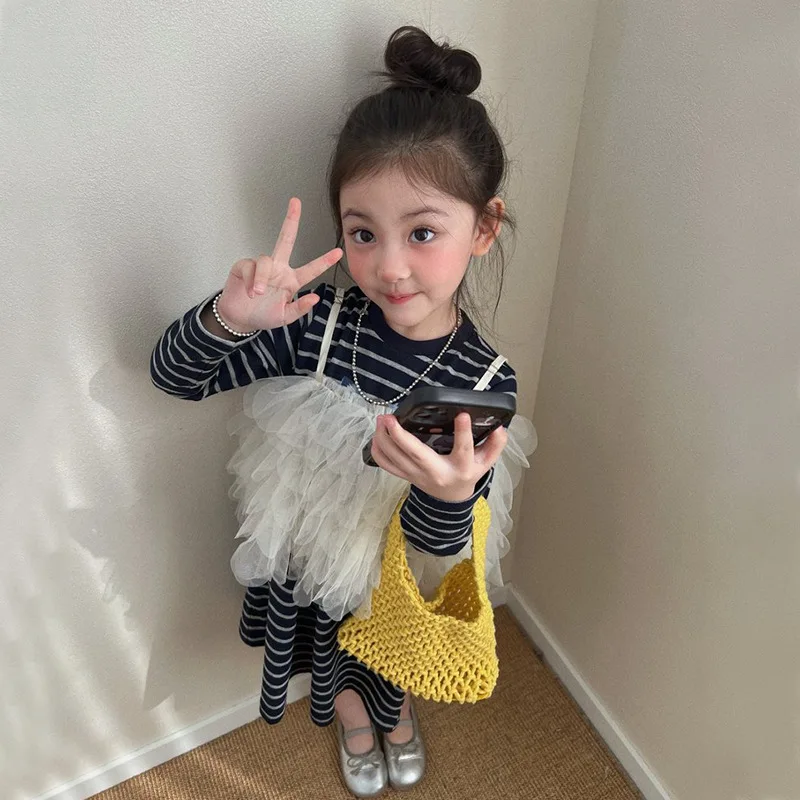 

Женский весенний новый универсальный стильный полосатый комплект из двух предметов: платье и топ с сетчатыми бретелями, однотонный, милый, модный 2026