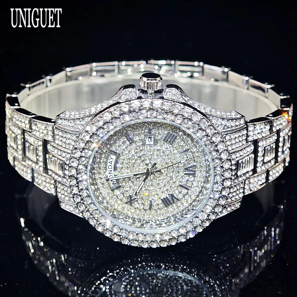 UNIGUET Full Iced Out Watch For Men Luxury Sliver Hip Hop Diamond Man Watches With Date Week Clock Best Selling Product 2025