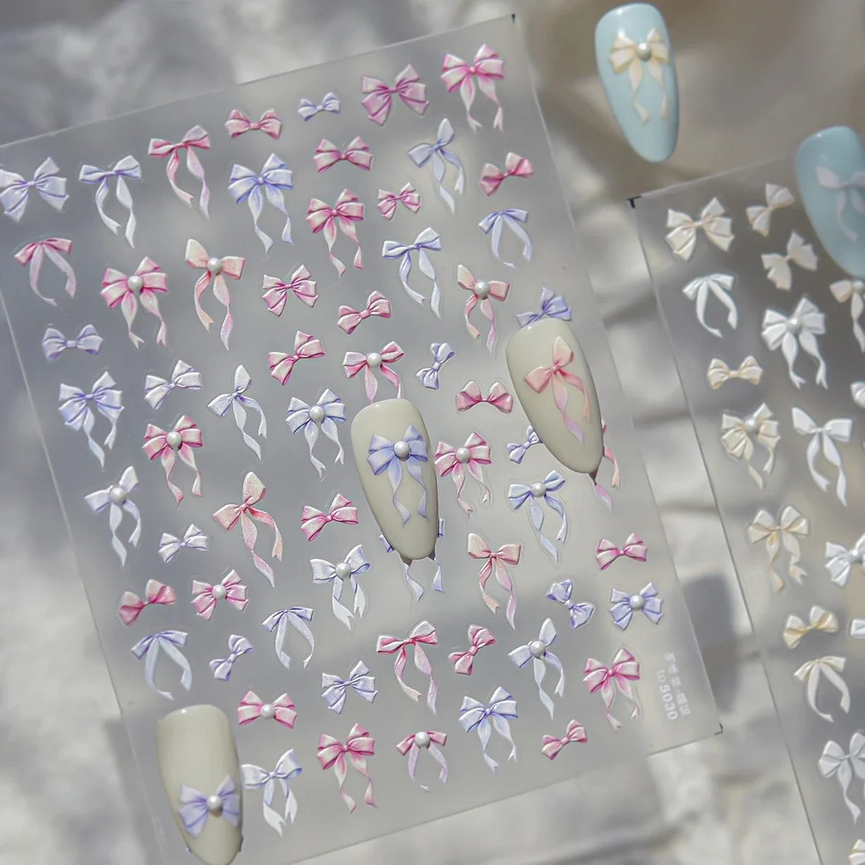귀여운 진주 실크 리본 리본매듭 레이스 핑크 퍼플 화이트 옐로우 나비넥타이 엠보싱 5D 셀프 접착 네일아트 스티커 매니큐어 데칼