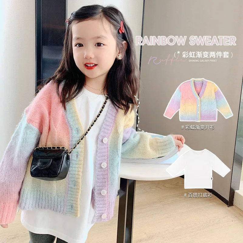 New Girl 2023 Cardigan sfumato maglieria bambini autunno dolce Kawaii arcobaleno cappotto bambini coreano Button Down camicia Cardigen TP153