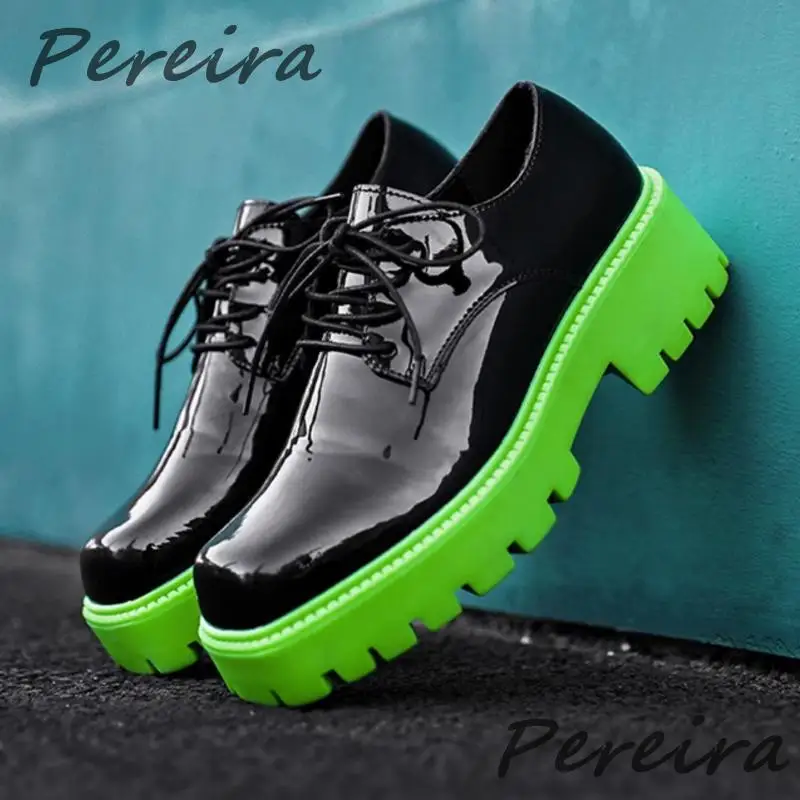 

Patent Leather Chunky Platform Men's Shoes Square Toe Lace-Up Oxford Banquet Party Fashion Trend Handmade Business Dress Shoes