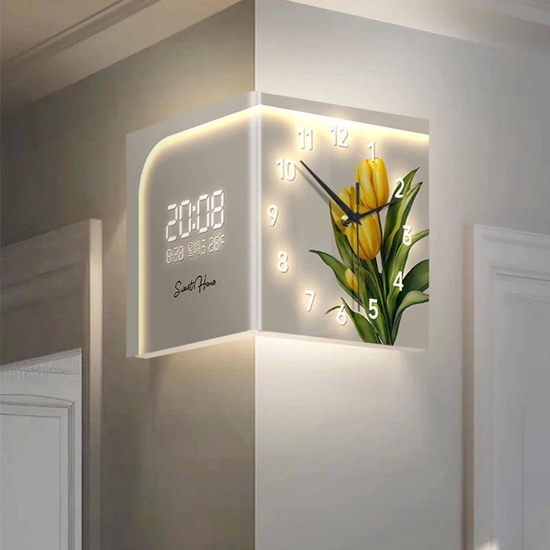 Double-sided corner wall clock with pointer style featuring flower and green plant patterns made of acrylic and with a silent op