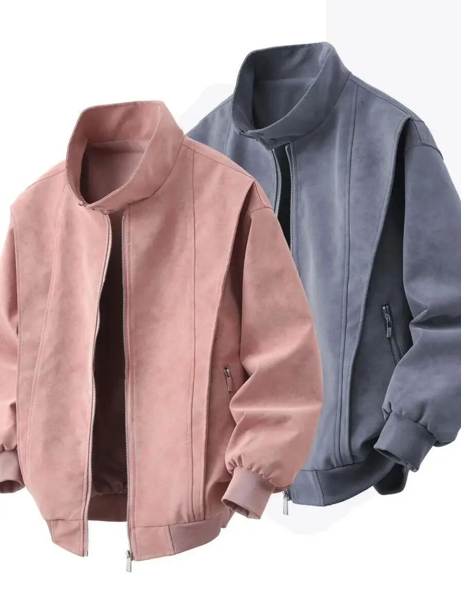 

Retro American Sle ort Stand Collar Leather Jaet ex Slim Fit Windproof Outerwear Casual High Faion Youth Polyeste...